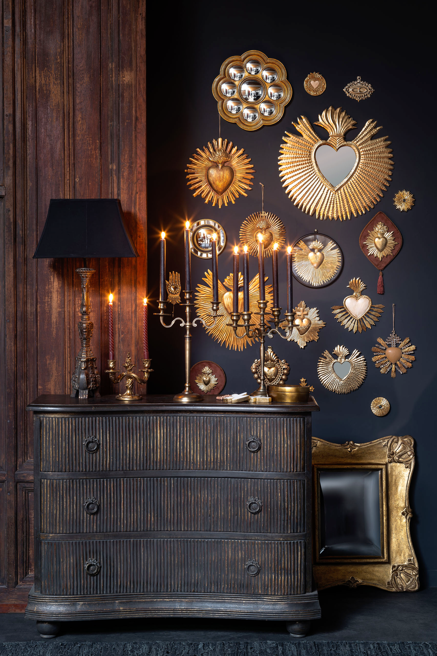 Rectangular convex mirror golden patina