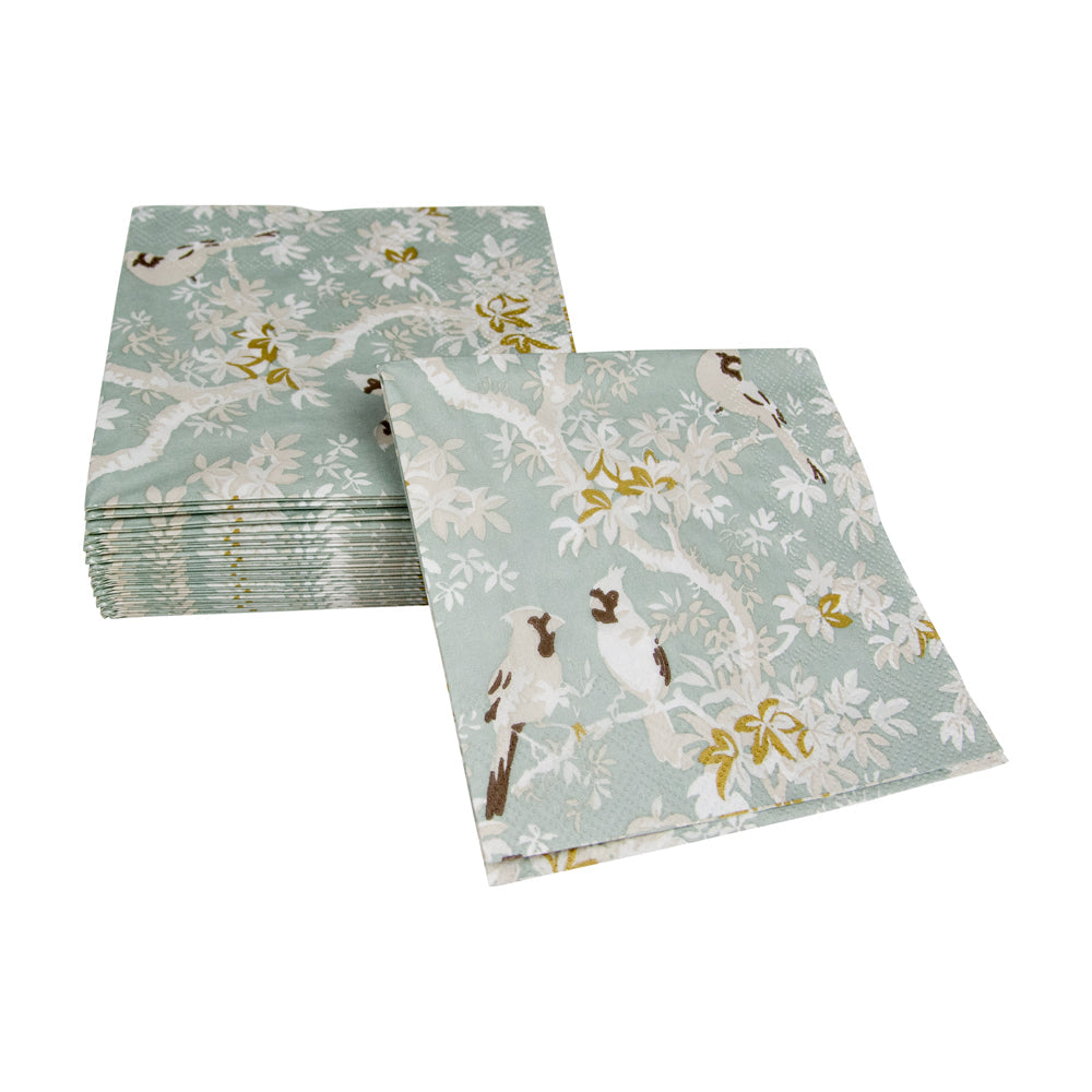 Caspari Scenic Songbirds Celadon Napkin Cocktail